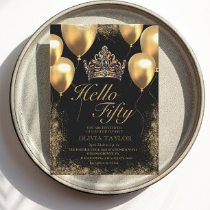 Invitation Or Black Balloons Couronne 50e anniversaire