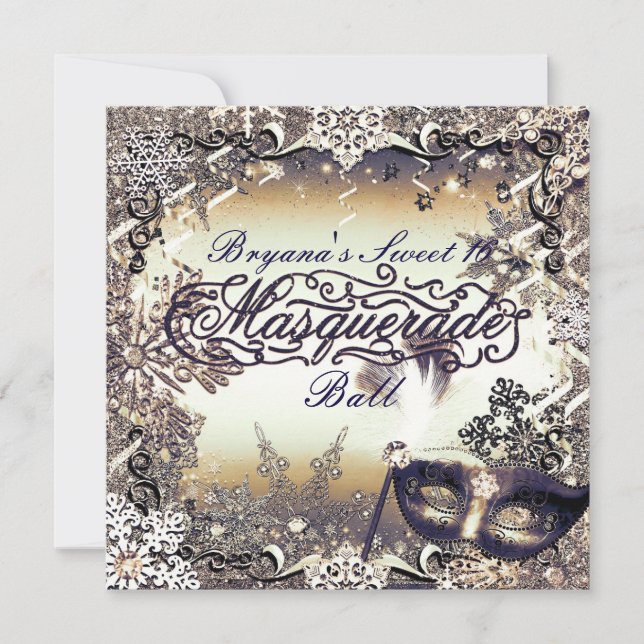 Invitation Or Blanc & Bronze Masquerade Flocons d'Hiver (Devant)