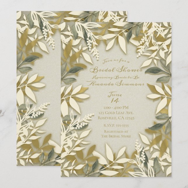 Invitation Or Blanc Crème Ecru Feuilles Botaniques Mariage (Devant / Derrière)