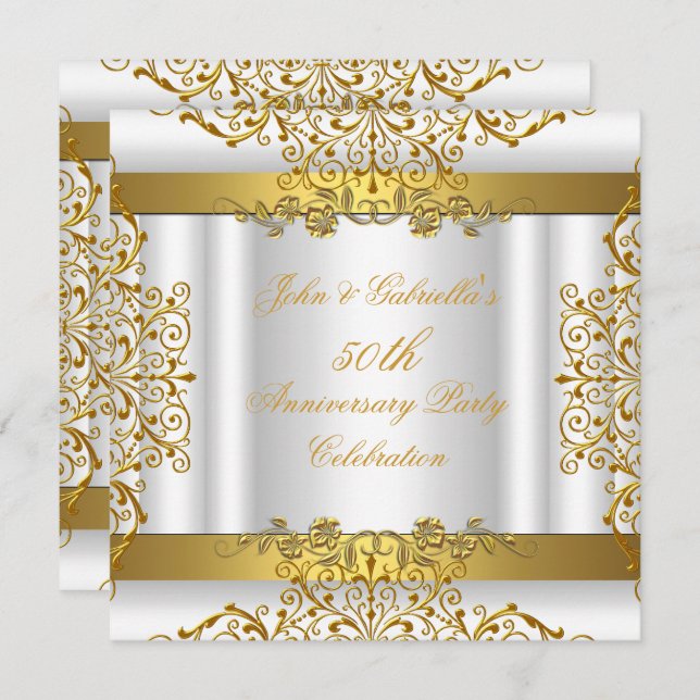 Invitation Or blanc Elegant Gold 50e anniversaire Mariage (Devant / Derrière)
