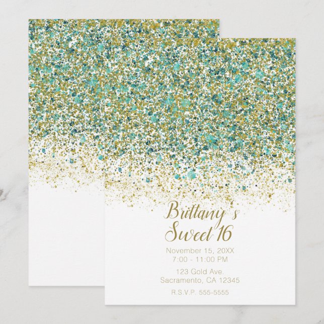 Invitation Or Blanc et Paillettes de Teal Moderne Coastal Swe (Devant / Derrière)