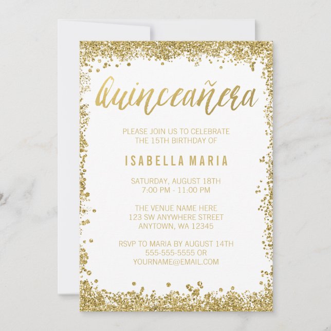 Invitation Or Blanc Faux Paillettes Quinceanera 15e Anniversa (Devant)