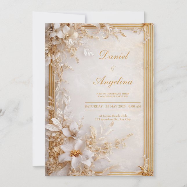 Invitation Or Blanc Floral Marbre Glamour Mariage (Devant)