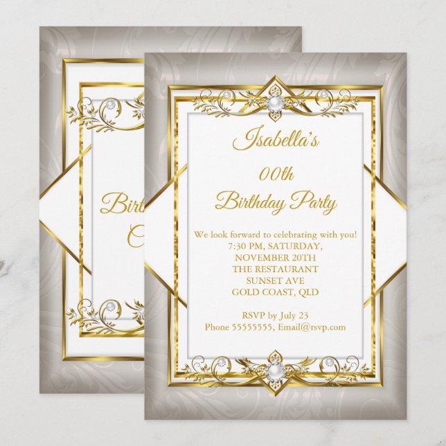 Invitation Or Blanc Gris Perle beige Fête d'anniversaire (Devant / Derrière)
