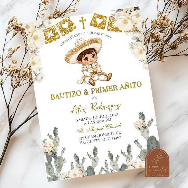 Invitation Or Blanc Mexicain Bautizo Y Premier Anniversaire (Créateur téléchargé)