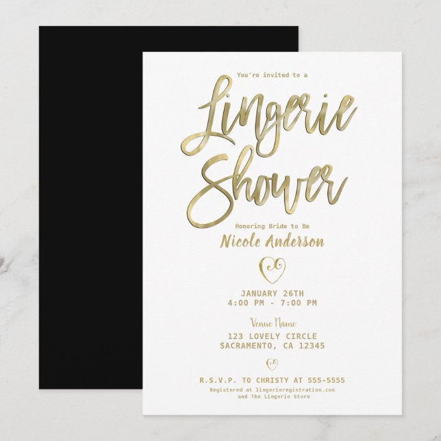 Invitation Or Blanc Noir Moderne Chic Lingerie Douche   (Devant / Derrière)