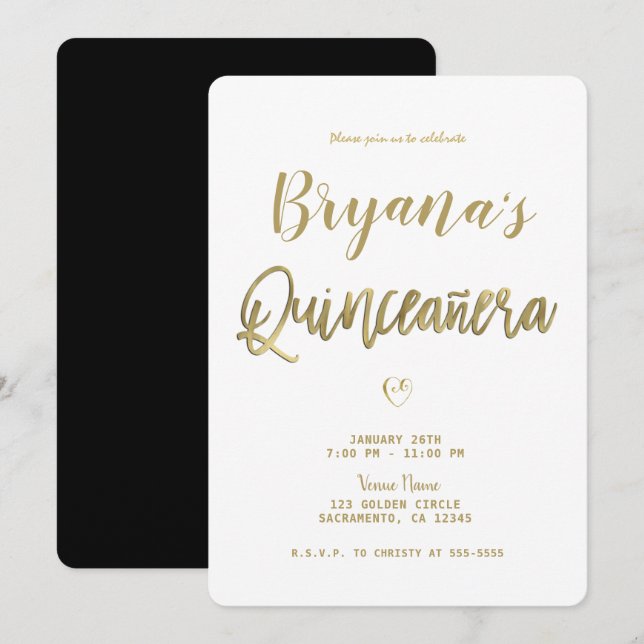 Invitation Or Blanc & Noir Moderne Minimal 15 Quinceañera (Devant / Derrière)