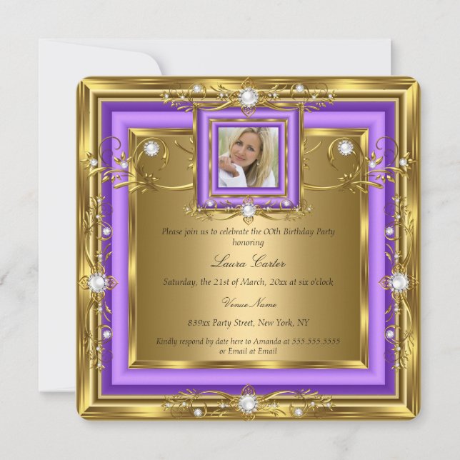 Invitation Or Blanc Perle Photo Fête d'anniversaire Violet Or (Devant)