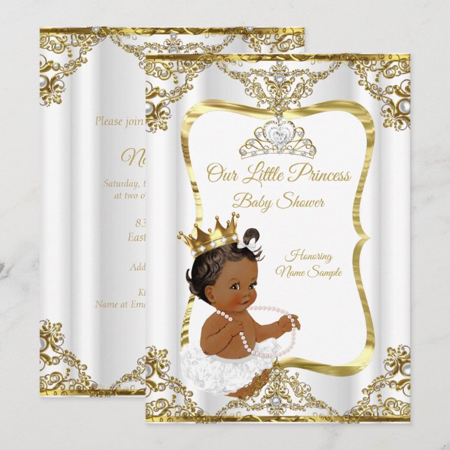 Invitation Or Blanc Perle Princesse Baby Shower Ethnique (Devant / Derrière)