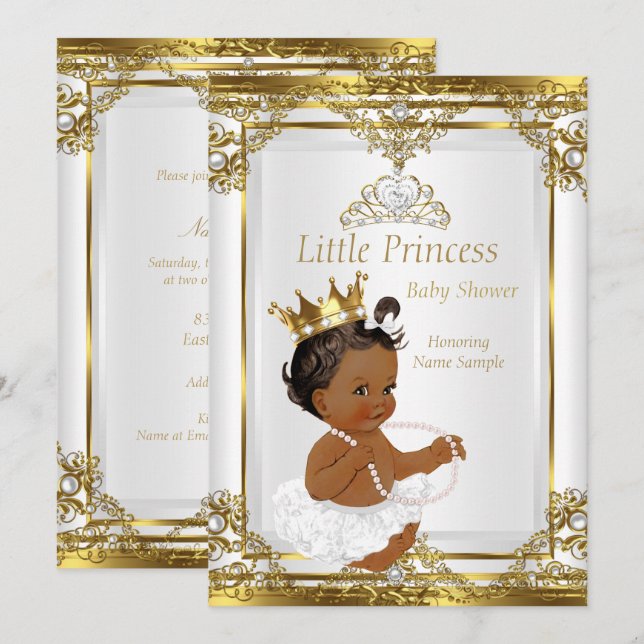 Invitation Or Blanc Perle Princesse Baby Shower Ethnique (Devant / Derrière)