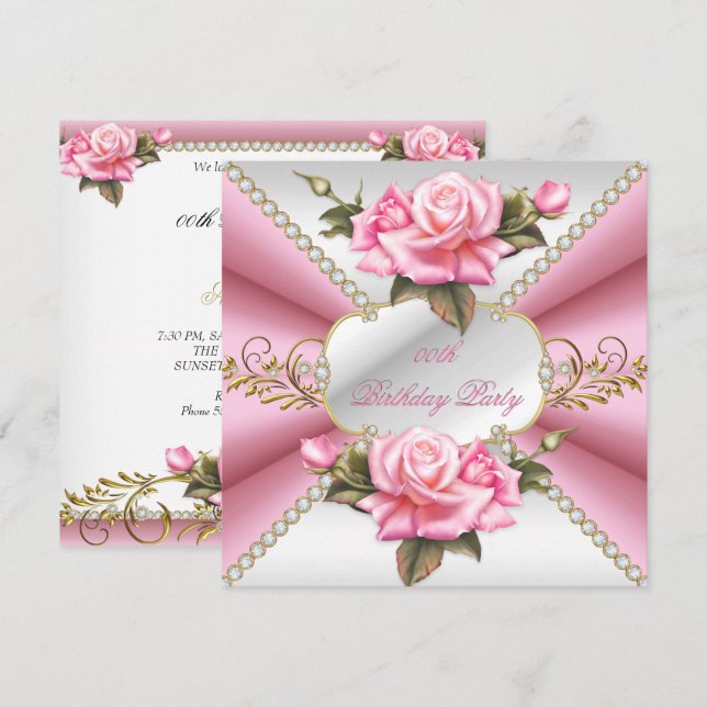 Invitation Or Blanc Rose Fête d'Anniversaire Magnifique (Devant / Derrière)