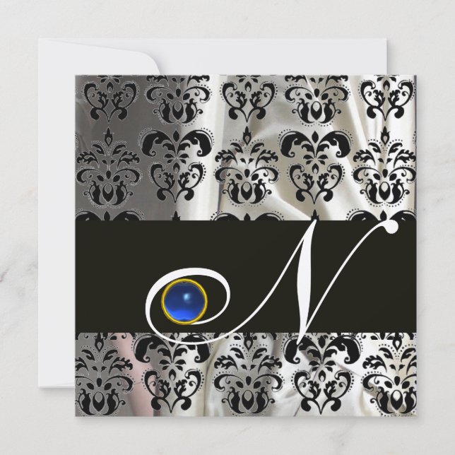 INVITATION OR BLANC SOIE DAMAS MONOGRAMME SAPPHIRE BLEU (Devant)