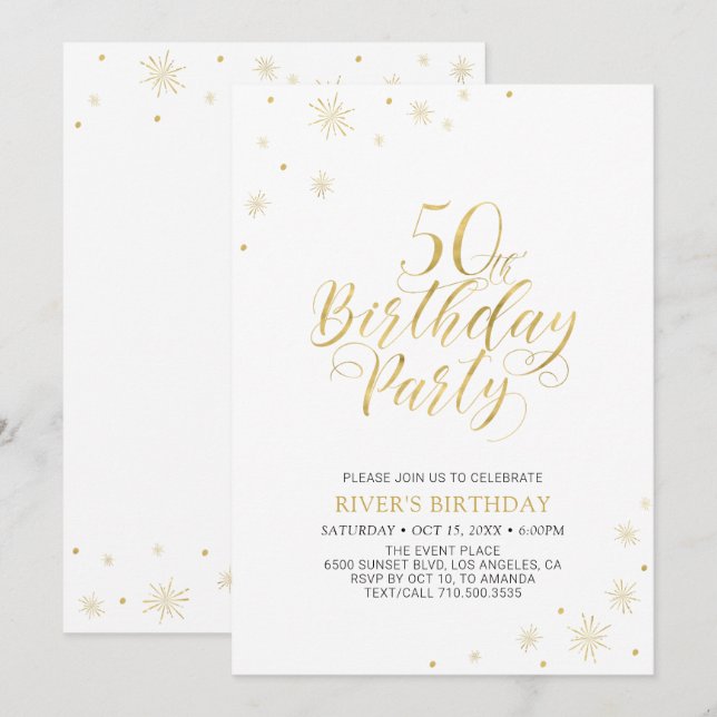Invitation Or & Blanc | Soirée d'anniversaire 50 ans chic mod (Devant / Derrière)