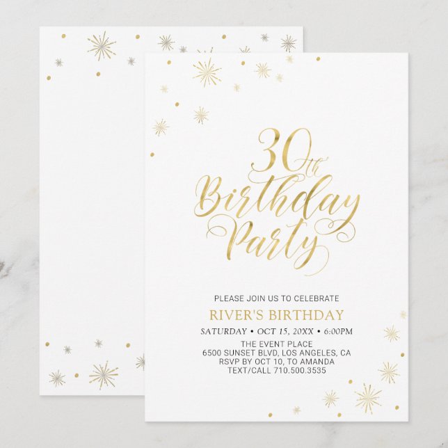 Invitation Or & Blanc | Soirée d'anniversaire chic et moderne (Devant / Derrière)