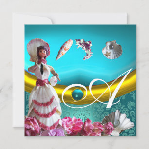 INVITATION OR BLEU AQUAMARINE DAMASK BEACH MONOGRAM MARIAGE