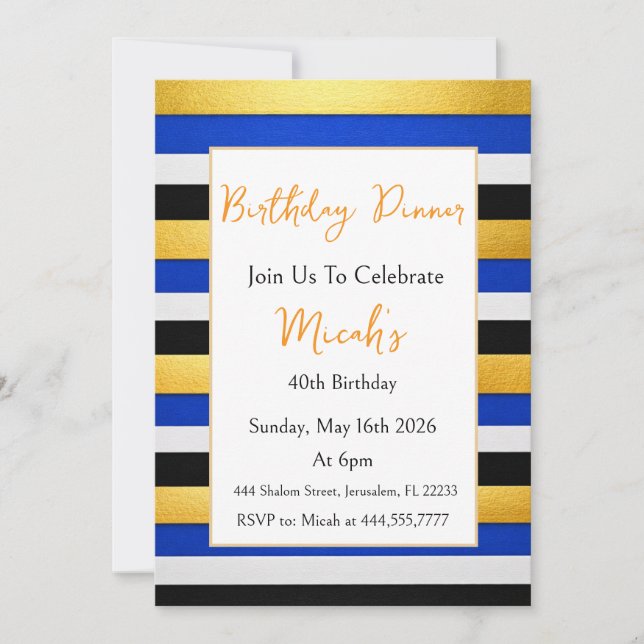 Invitation Or Bleu Blanc Noir Rayures Luxe Moderne Tendance (Devant)