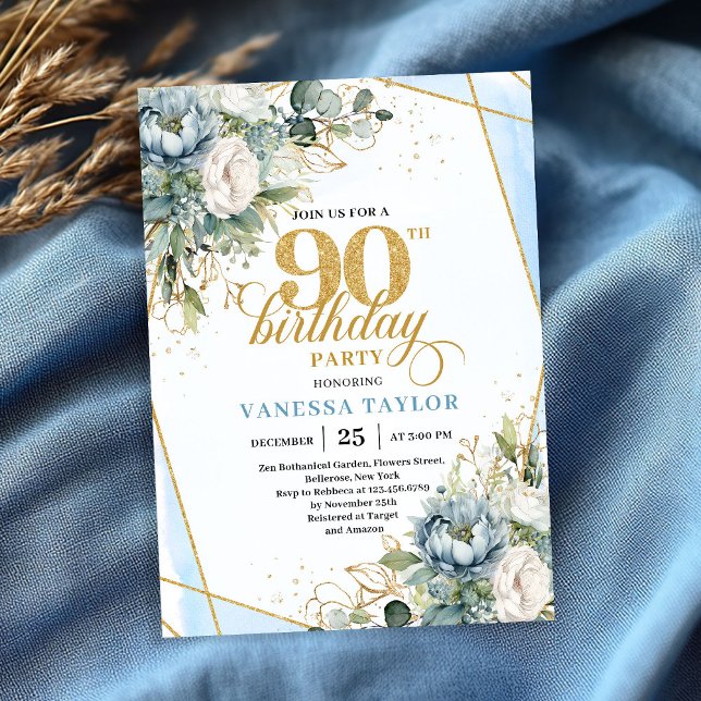 Invitation Or bleu clair luxe bordure verdure 90e anniversair (Light blue gold luxe border greenery 90th birthday invite)