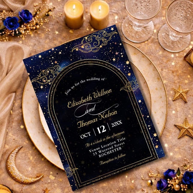 Invitation Or bleu étoiles célestes astronomie mariage (Créateur téléchargé)