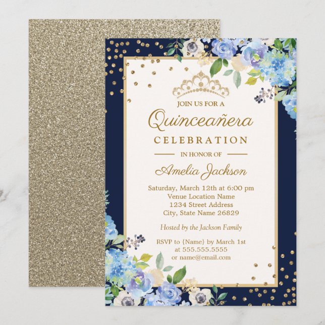 Invitation Or Bleu floral Sparkle Quinceanera (Devant / Derrière)