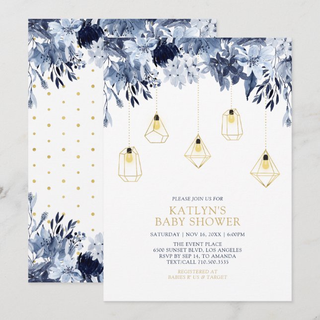 Invitation Or & Bleu | Lumières Boho chic Baby Shower (Devant / Derrière)
