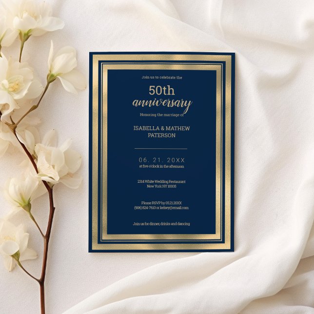Invitation Or bleu marine de luxe 50e anniversaire Mariage (Luxury navy blue gold 50th Wedding Anniversary)