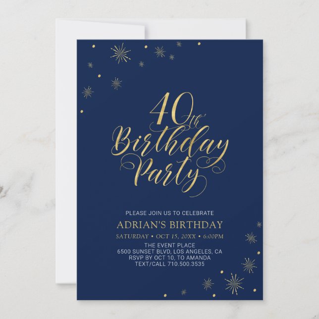 Invitation Or & Bleu Nuit | Fête d'anniversaire 40 ans Modern (Devant)