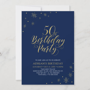 Invitation Or & Bleu Nuit   Fête d'anniversaire 50 ans Chic M