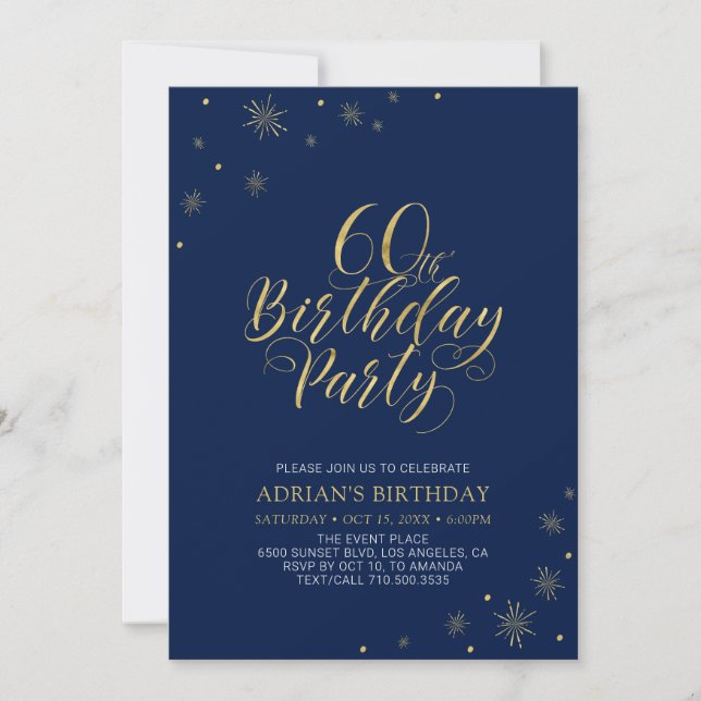 Invitation Or & Bleu Nuit | Soirée 60 ans Chic Moderne (Devant)