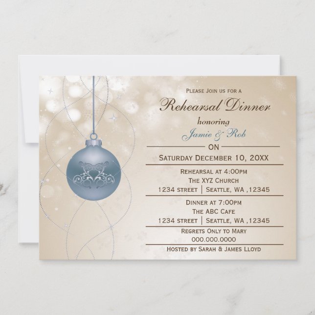 Invitation or bleu ornement hiver Mariage Répétition Invitati (Devant)