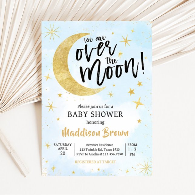 Invitation Or Bleu Sur Le Baby shower Lune (Moon and Stars Baby Shower Invitation)