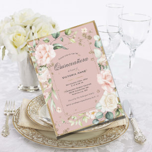 Invitation Or Blush rose élégant Floral Quinceañera