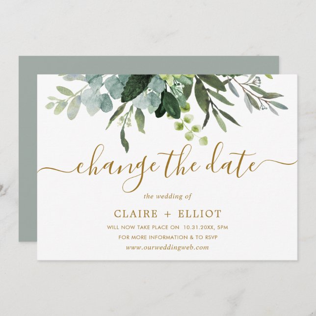Invitation Or botanique et Mariage vert Modifier la date (Devant / Derrière)
