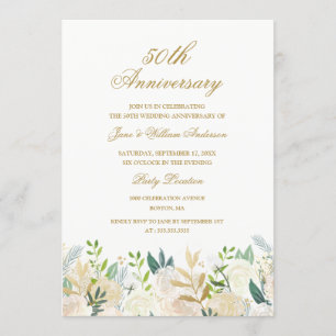 Invitation Or Botanique Floral Doré 50e Anniversaire de Maria