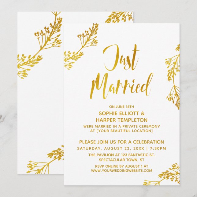 Invitation Or Botanique Mariés Juste Après-Mariage Evénement (Devant / Derrière)
