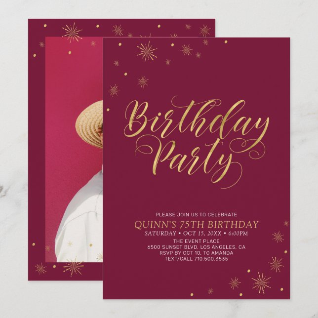 Invitation Or & Bourgogne | Fête d'anniversaire chic et moder (Devant / Derrière)