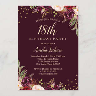 Invitation Or Bourgogne floral étincelle 18e anniversaire
