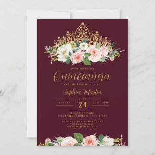 Invitation Or Bourgogne rose Floral Tiara Quinceanera