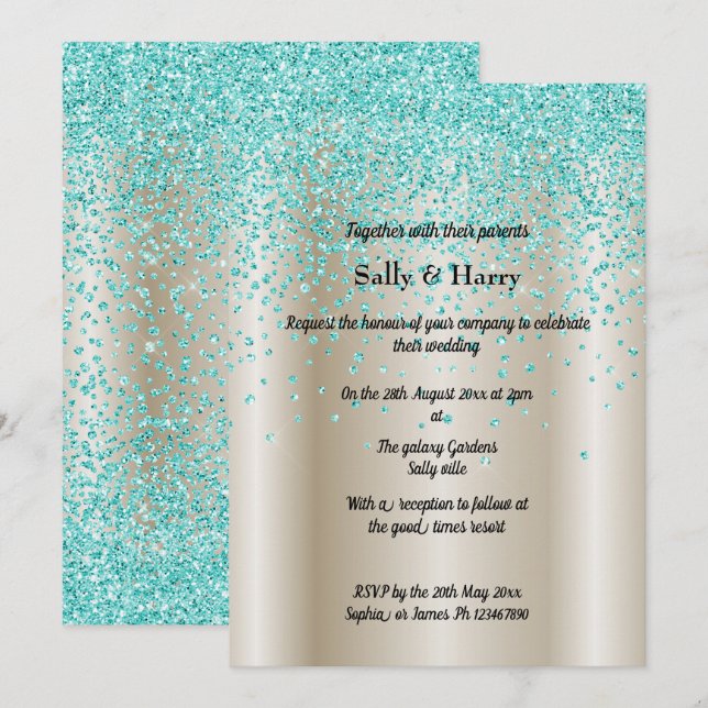 Invitation Or Bronze Aqua Diamonds Crystal Mariage moderne (Devant / Derrière)