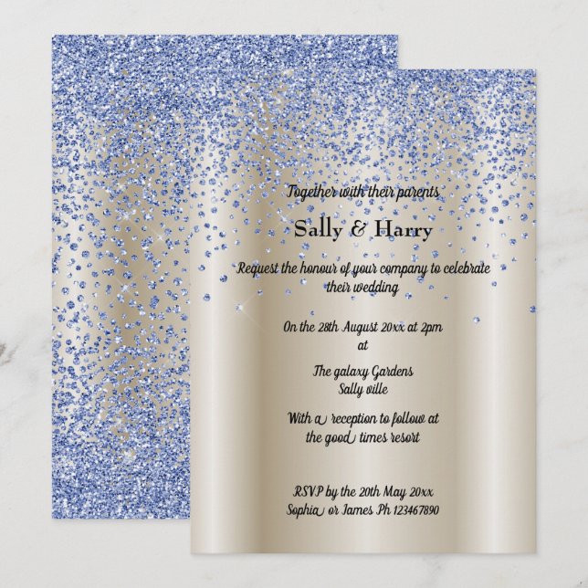 Invitation Or Bronze Bleu Diamants Crystal Mariage moderne (Devant / Derrière)