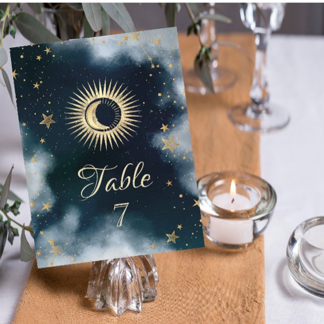 Invitation Or Céleste Soleil Et Lune Étoiles Ciel Nocturne (Créateur téléchargé)