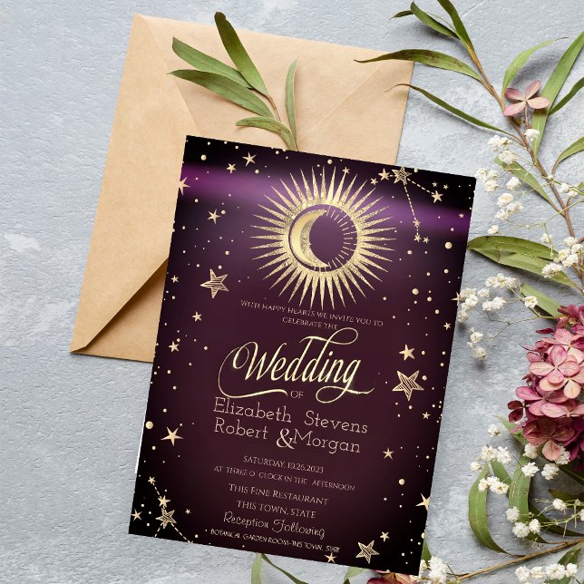 Invitation Or Céleste Soleil Et Lune Étoiles Mariage Bourgogn (Créateur téléchargé)