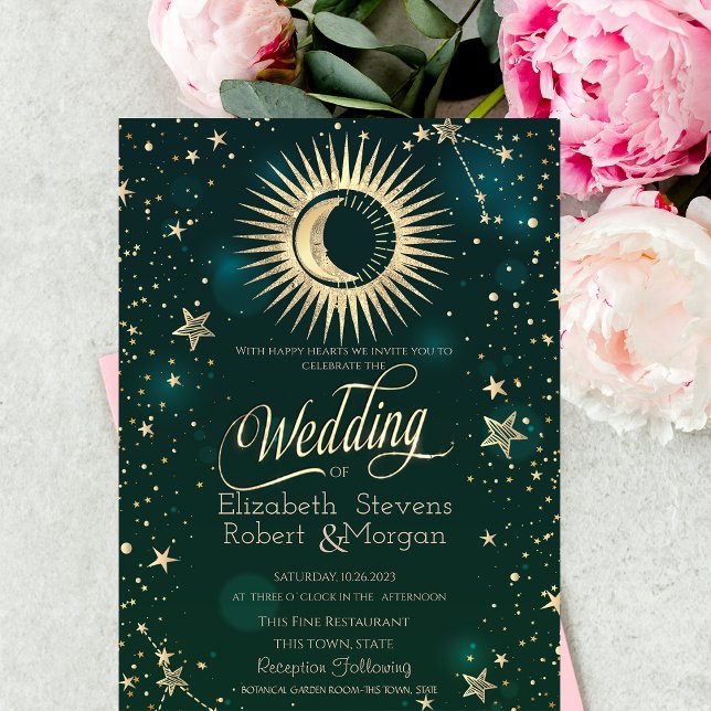 Invitation Or Céleste Soleil Et Lune Étoiles Mariage Vert (Créateur téléchargé)