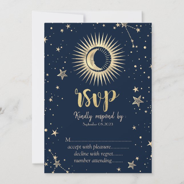 Invitation Or Céleste Soleil Et Lune Étoiles RSVP (Devant)