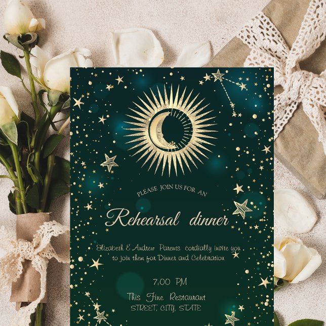 Invitation Or Céleste Soleil Et Lune Étoiles Vert (Créateur téléchargé)