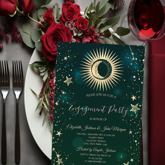 Invitation Or Céleste Soleil Et Lune Étoiles Vert (Créateur téléchargé)