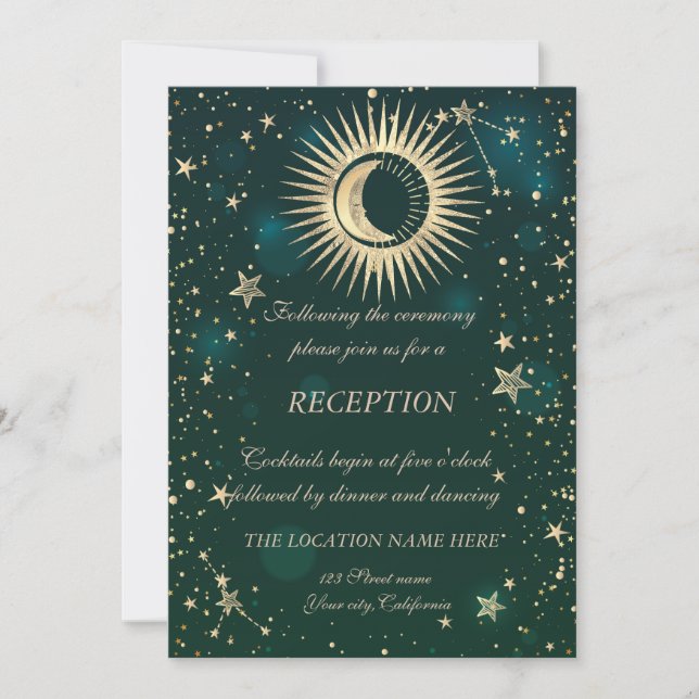 Invitation Or Céleste Soleil Et Lune Étoiles Vert (Devant)