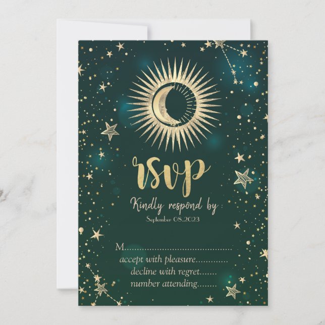 Invitation Or Céleste Soleil Et Lune Étoiles Vert RSVP (Devant)