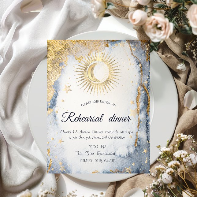 Invitation Or céleste Soleil, Lune, Etoiles Aquarelle (Créateur téléchargé)