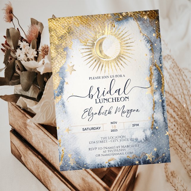 Invitation Or Céleste Soleil, Lune, Étoiles Aquarelle Mariage (Créateur téléchargé)