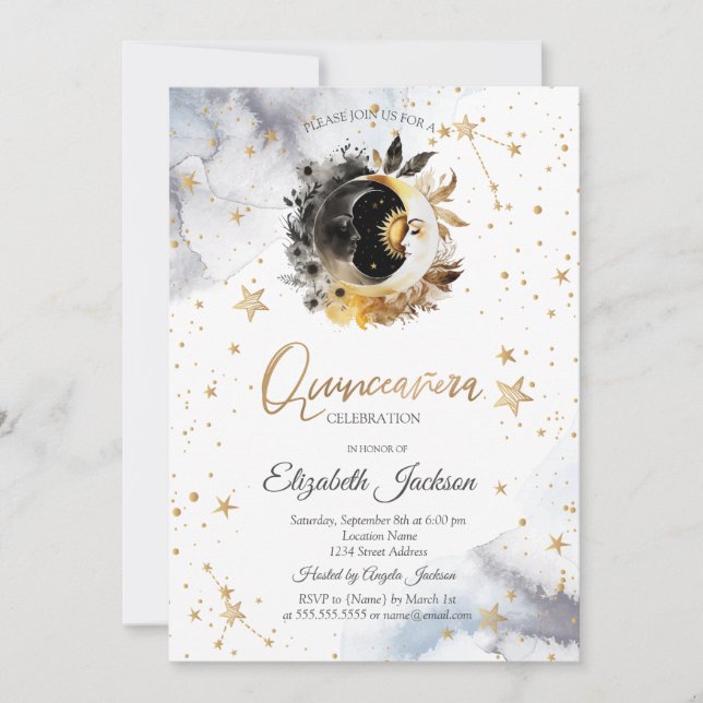 Invitation Or Céleste Soleil, Lune, Étoiles Fleur Quinceañera (Devant)